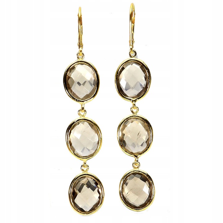 Cercei din argint 925 Songea, cu cuart fumuriu natural, placati cu aur 14K, 69x12mm, set