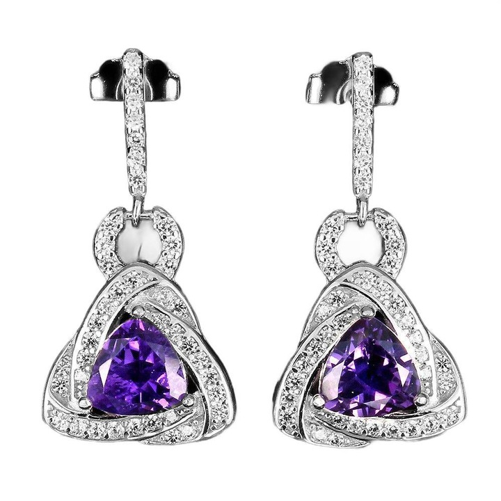 Cercei Songea, ametist natural, zirconii, 24x12mm, argint placat cu aur alb 14K, set