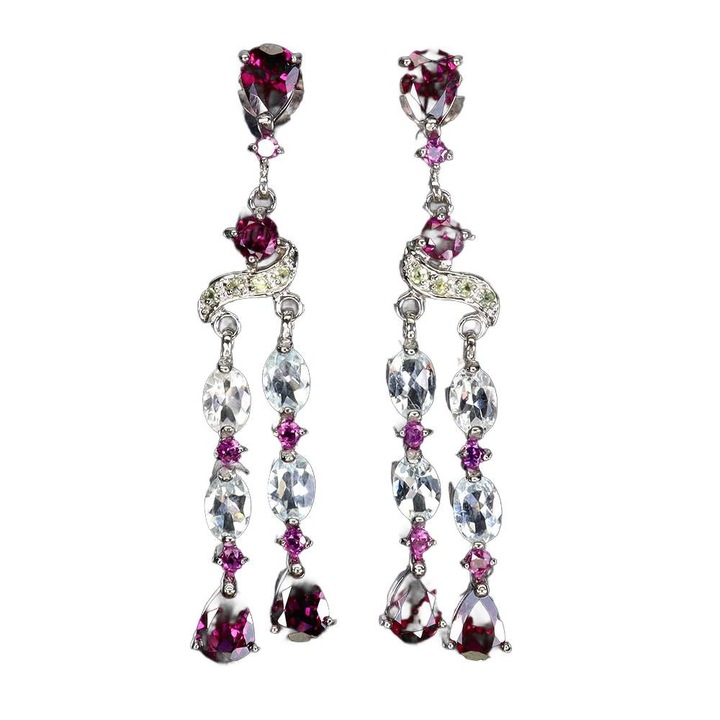 Cercei din argint 925 Songea cu acvamarine naturale, olivine si granate, 54x9mm, set