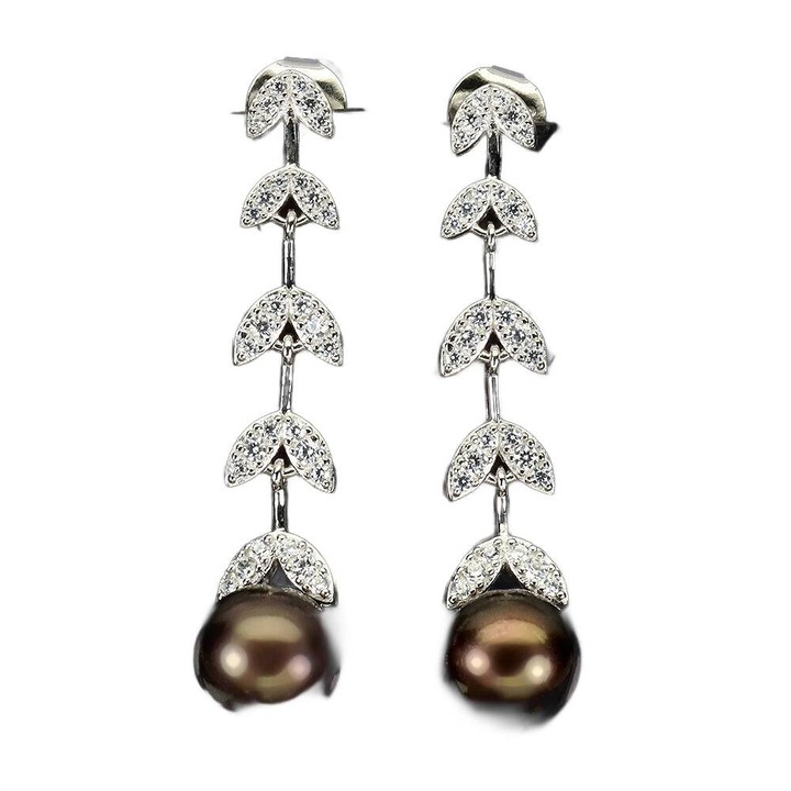 Cercei din argint 925 cu perle negre tahitiene si zirconii, Songea, 39x9mm, 4.94g