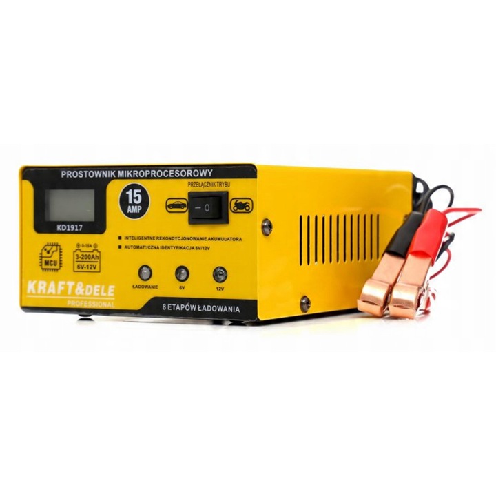 Mikroprocesszoros autós inverter, Kraft&Dele, 15A 6/12V KD1917, 4 üzemmód, 6-200 Ah