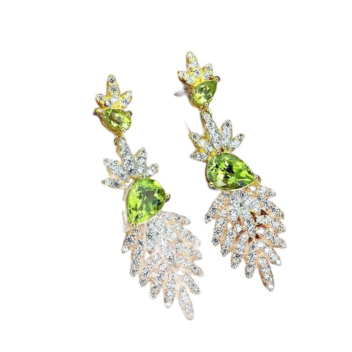 Cercei din argint 925, Songea, cu peridot si zirconii, 43x13mm, 7.76g