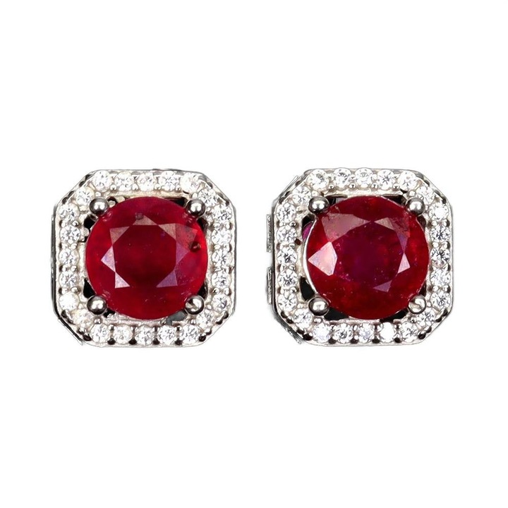 Cercei dama Songea, argint 925, cu rubine naturale si zirconii, 9x9mm