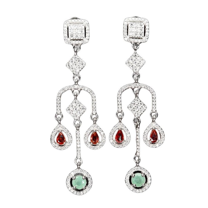 Cercei dama Songea, argint 925, cu safir, smarald si zirconiu, 62x13mm, 9.99g