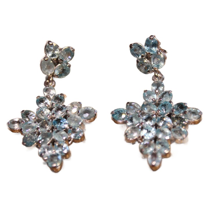 Cercei din argint 925, Songea, cu zirconii albastre naturale, 14K aur alb, 47x27mm