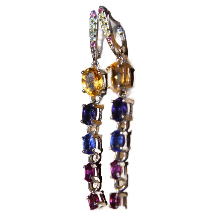 Cercei din argint 925, Songea, cu granat, cianit, iolit, peridot si citrin, 55x6mm