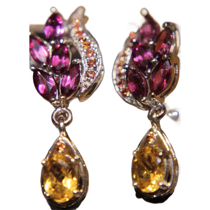 Cercei din argint 925 cu safire naturale, granate si citrine, 35x11mm, set, Songea