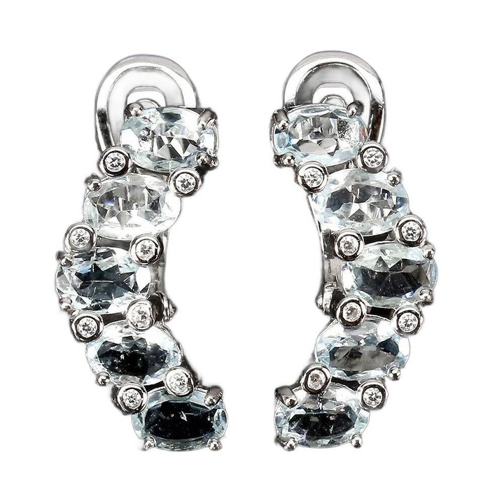 Cercei din argint 925, cu acvamarin natural si zirconii, 23x10mm
