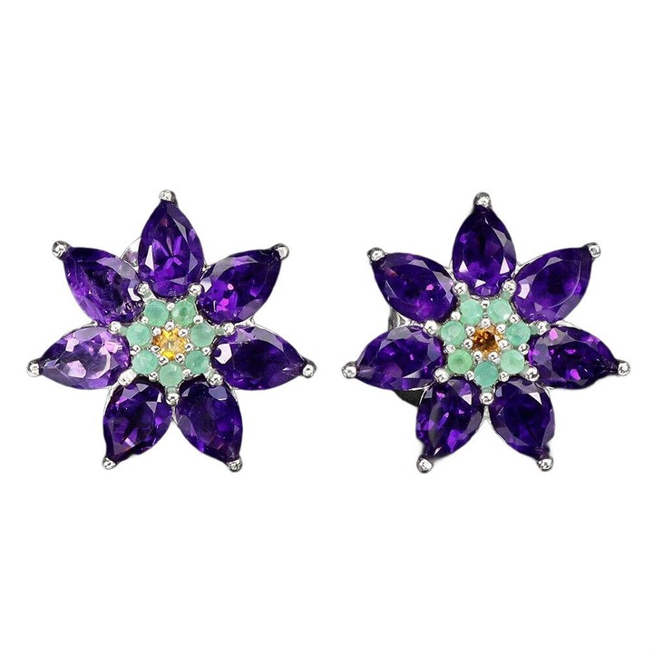 Cercei argint 925 Songea, cu safir, smarald, ametist, 18x18mm