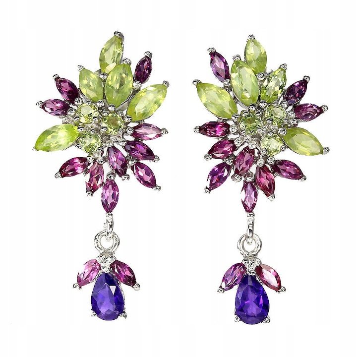 Cercei din argint 925, Songea, cu peridot, granat si ametist, 34x16mm, aur alb 14K