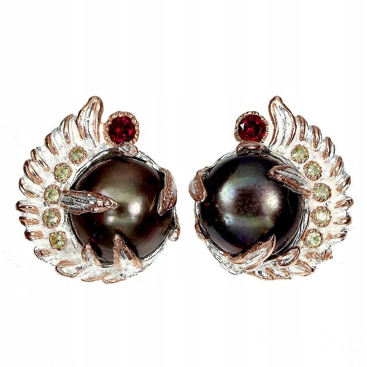 Cercei din argint 925, cu perle negre, peridot si granat, 22x19mm