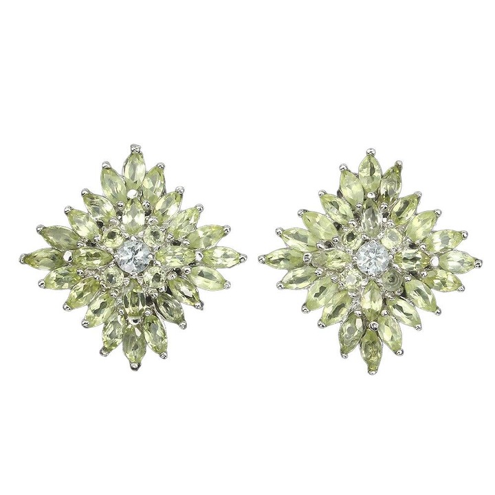 Cercei din argint 925, Songea, cu peridot si acvamarin, 14K aur alb, 22x22mm
