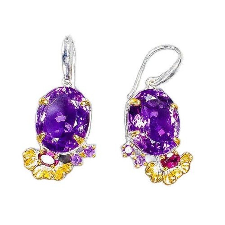 Cercei Songea, ametist, granat, aur alb si galben