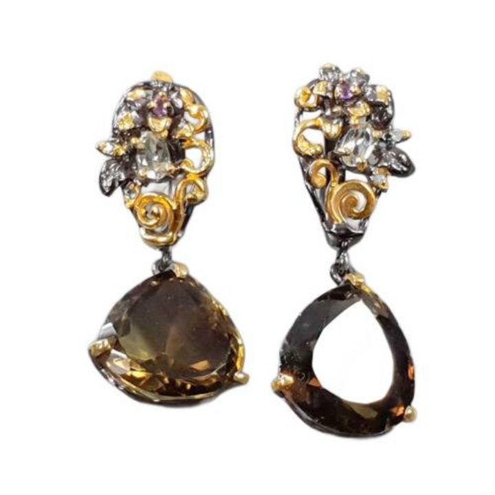 Cercei din argint 925 cu citrin, ametist, safir si turmalina, Songea, 38x17x15mm