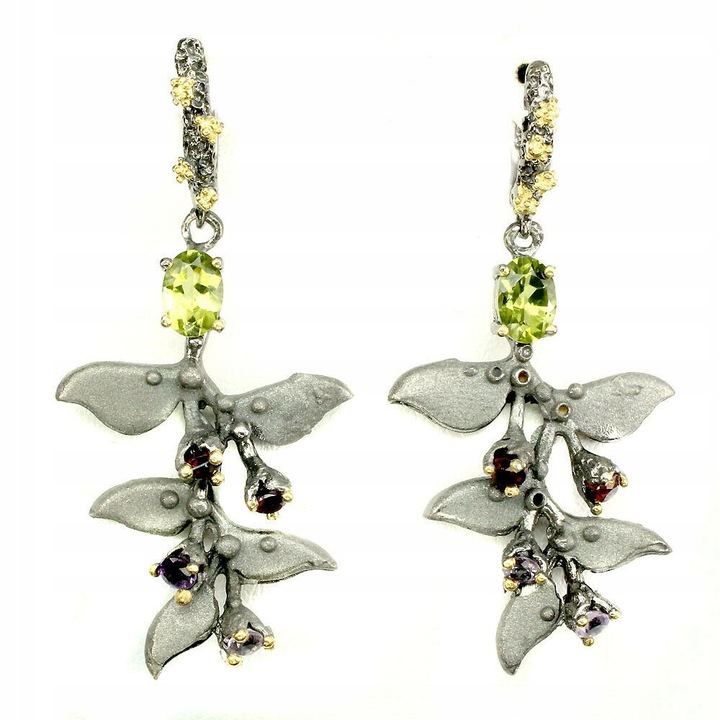 Cercei dama, argint/peridot/ametist/rodolit, 52x25mm