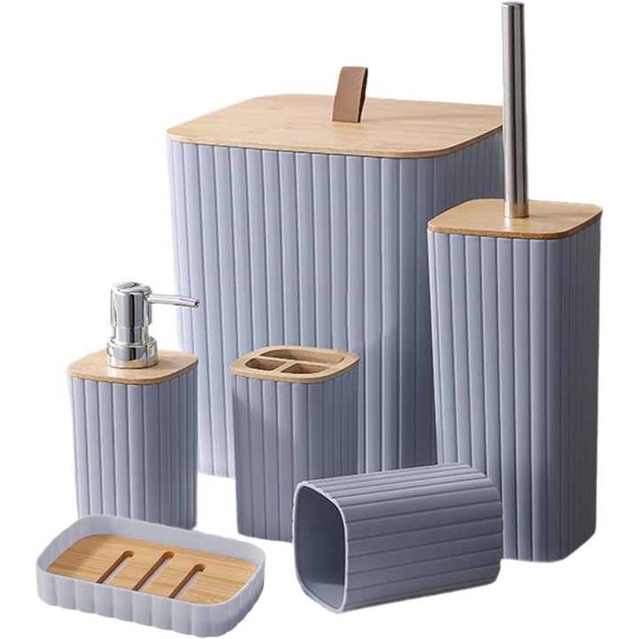 Комплект от 6 аксесоара за баня Teno®, дозатор за сапун, поставка за четка, четка за тоалетна, поставка за сапун, кошче за отпадъци, бамбукови детайли, издръжливи материали, минималистичен дизайн, сиво