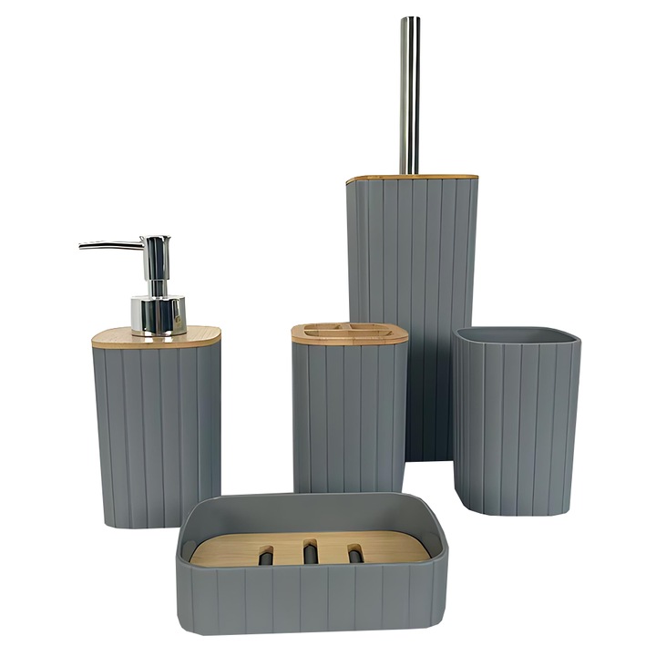 Комплект от 5 аксесоара за баня Teno®, дозатор за сапун, поставка за четка, четка за тоалетна, поставка за сапун, бамбукови детайли, устойчиви материали, минималистичен дизайн, сив цвят