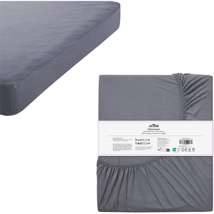 Cearceaf Pat Elastic JEMIDI, 90x200 cm, 100% Bumbac, Vara/Iarna, Compatibil Masina de Spalat si Uscator, culoare Gri