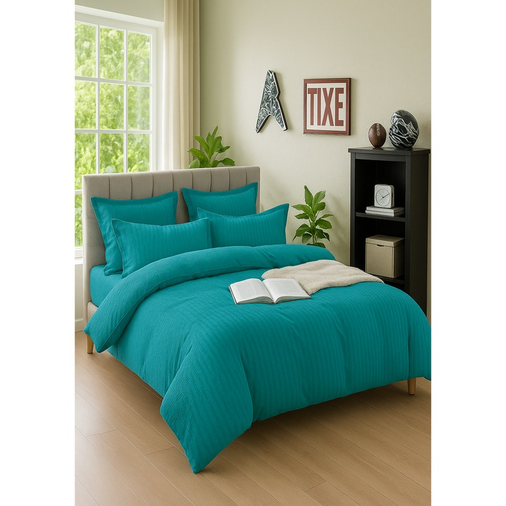 Lenjerie Pat Dublu, Casa Pucioasa, 6 Piese, Bumbac/Finet/Damasc, Turcoaz, Cearceaf cu Elastic