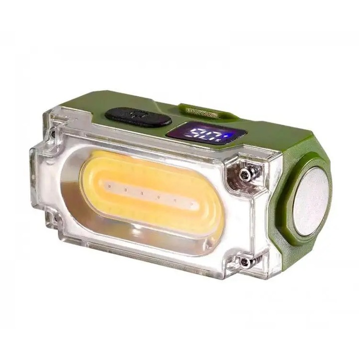 Преносим многофункционален COB LED челник с щипка за капачка, индикатор за захранване, зелен цвят