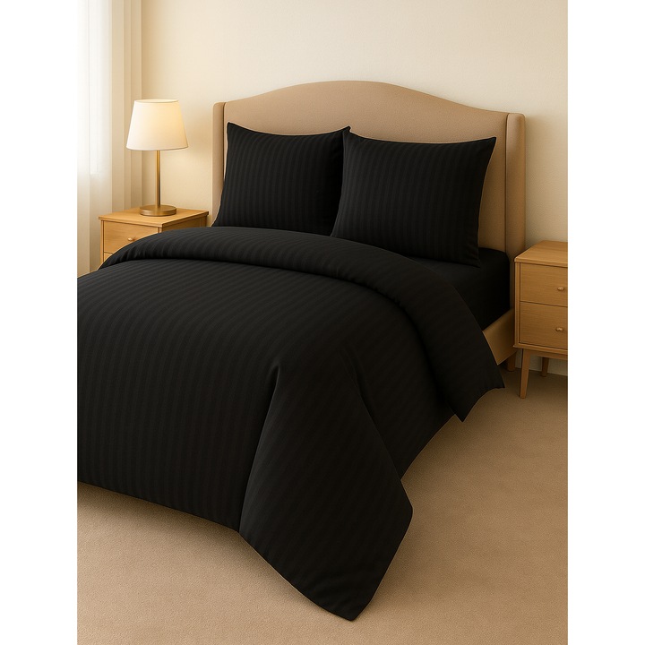 Lenjerie Pat Casa Divina - Bumbac Damasc Negru, 4 Piese, Cearsaf 230X250, pilota 200x230