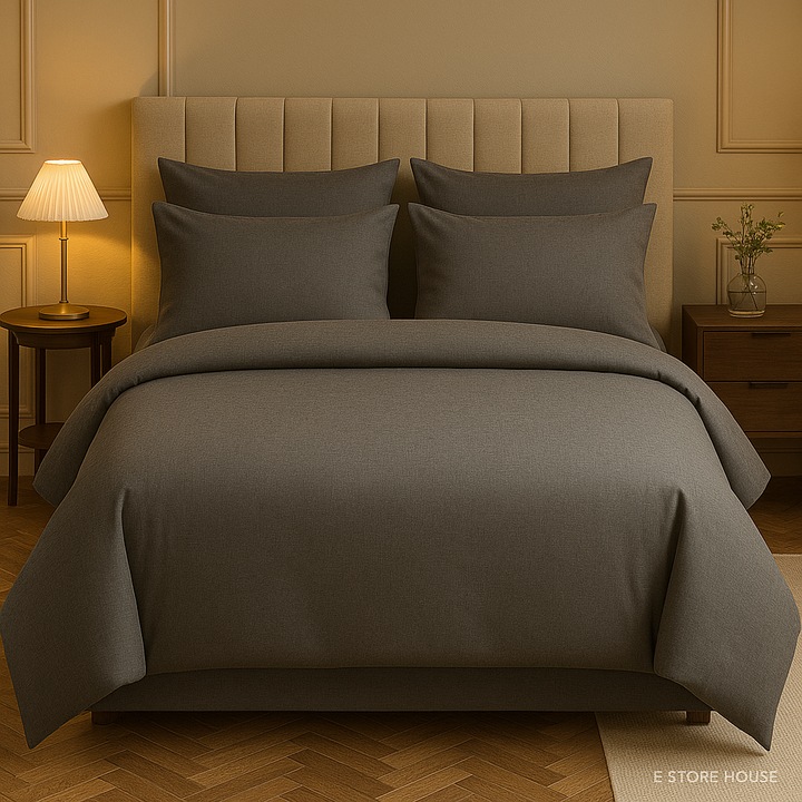 Lenjerie de Pat 4 Piese -Bumbac Finet, Gri Antracit - Casa Pucioasa, Potrivita pentru Paturi 80-140 cm