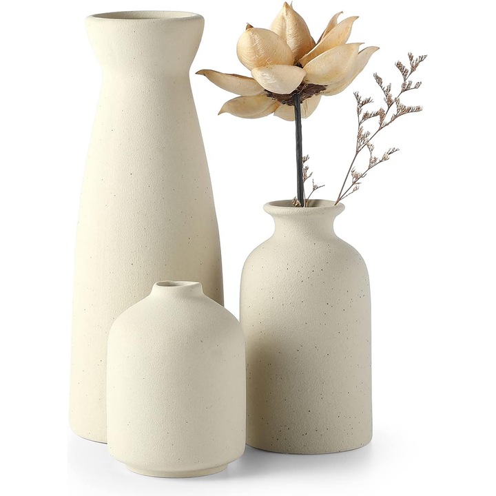 Kerámia vázák, minimalista, elegáns, könnyen tisztítható, sokoldalú, krémszínű, 3 darabos készlet - CN