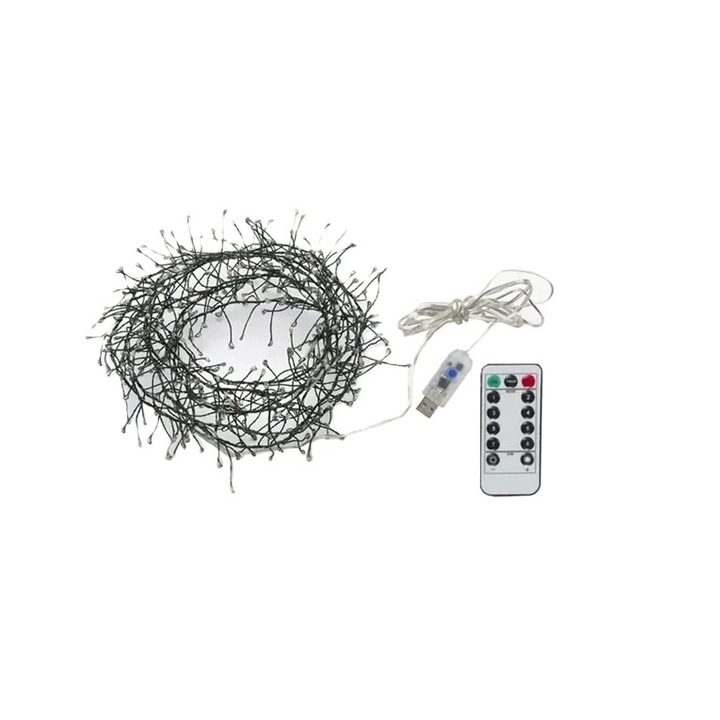 Instalatie de interior liniara de Craciun cu alimentare USB, 25 m, 1000 LED-uri, 24V, 8 Jocuri de Lumini, cu Telecomanda, Multicolor