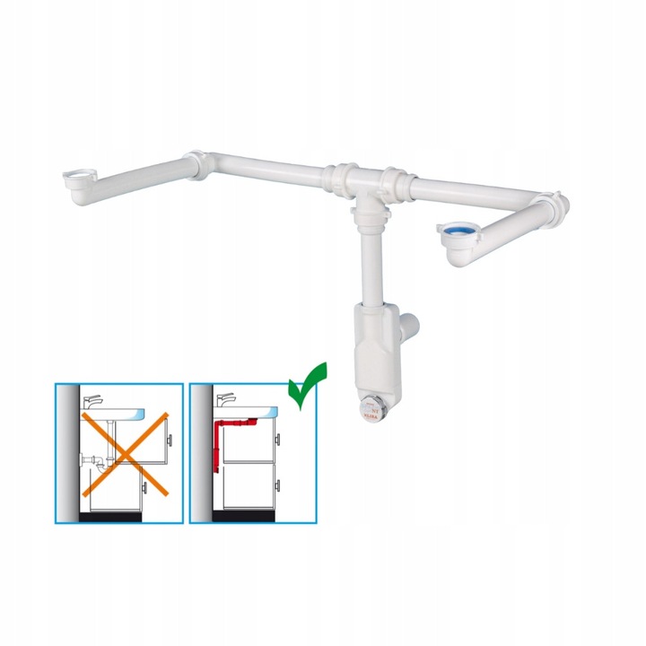 Сифон за двойна мивка Lira, 32/40, за бани и кухни, бял