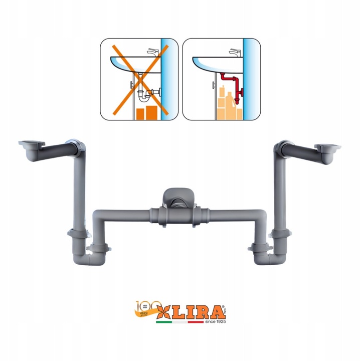 Sifon dublu pentru lavoar, Lira, 32/40, economisire spatiu, gri