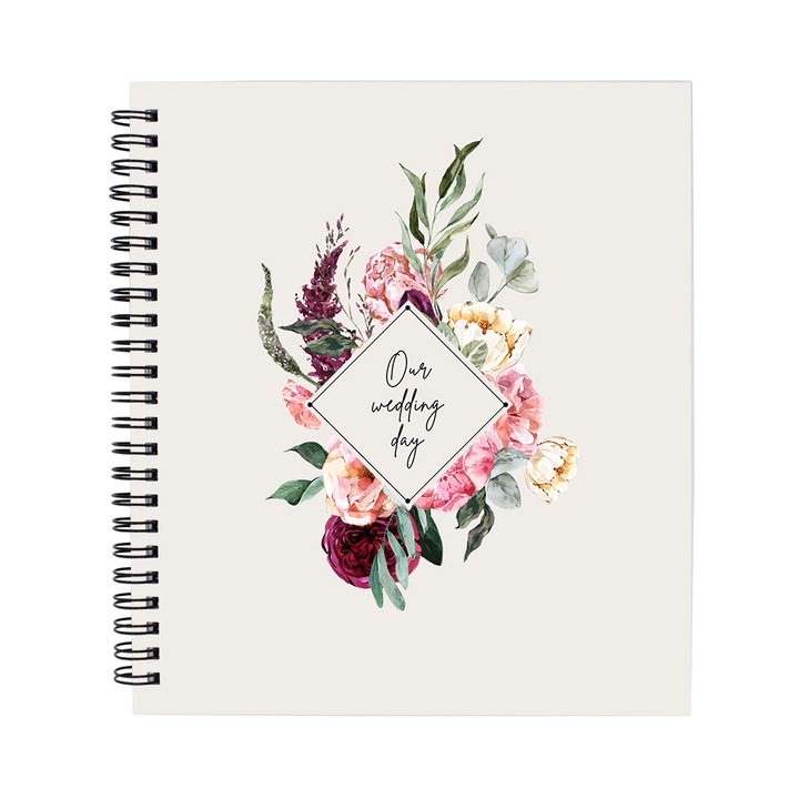 Album nunta guestbook, coperta cartonata, model flori, crem, Giftycal