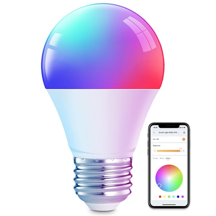Смарт крушка Wi-Fi, регулируема, 16 милиона цвята, таймер, енергоспестяваща, 9W, съвместима с Alexa и Google Assistant