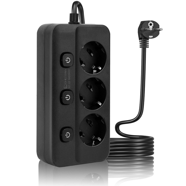 Разклонител с 3 гнезда, LEHOTPIA, с независим ключ, 2500W, Огнеупорен, Защита от пренапрежение, 2 М, Черен