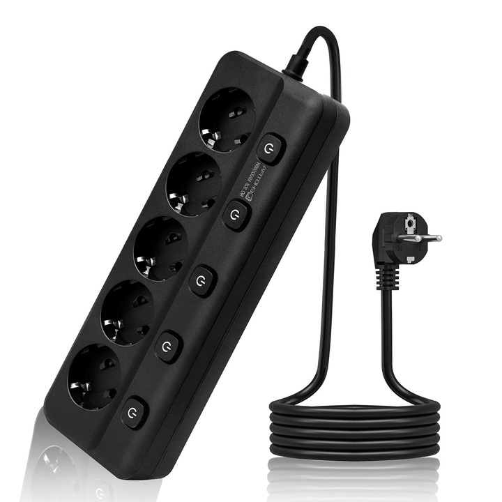 Разклонител 5 гнезда Смарт, LEHOTPIA, 2500W, с независим превключвател, Защита от пренапрежение, 2 M, Подходящ за дома и офиса, Черен