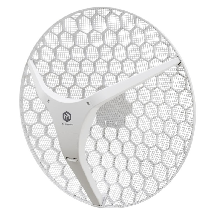 Dispozitiv client MikroTik LHG XL 5 ax LHG-5axD-XL, Wi-Fi 6, 1x RJ45 1000Mb/s, câștig 27 dBi, carcasă robustă pentru exterior, instalare rapidă, ideal pentru conexiuni wireless point-to-point pe distanțe lungi și rețele profesionale de mare viteză