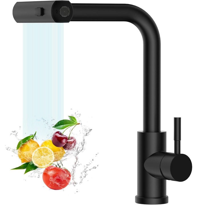 Baterie Chiuveta Bucatarie, Robinet de Apa, Modern cu Pipa Flexibila, Cap Dus Extractabil cu Trei Functii: Cascada, Jet si Pulverizare, Monocomanda, Rotativ 360°, pentru Bucatarie, Otel Inoxidabil