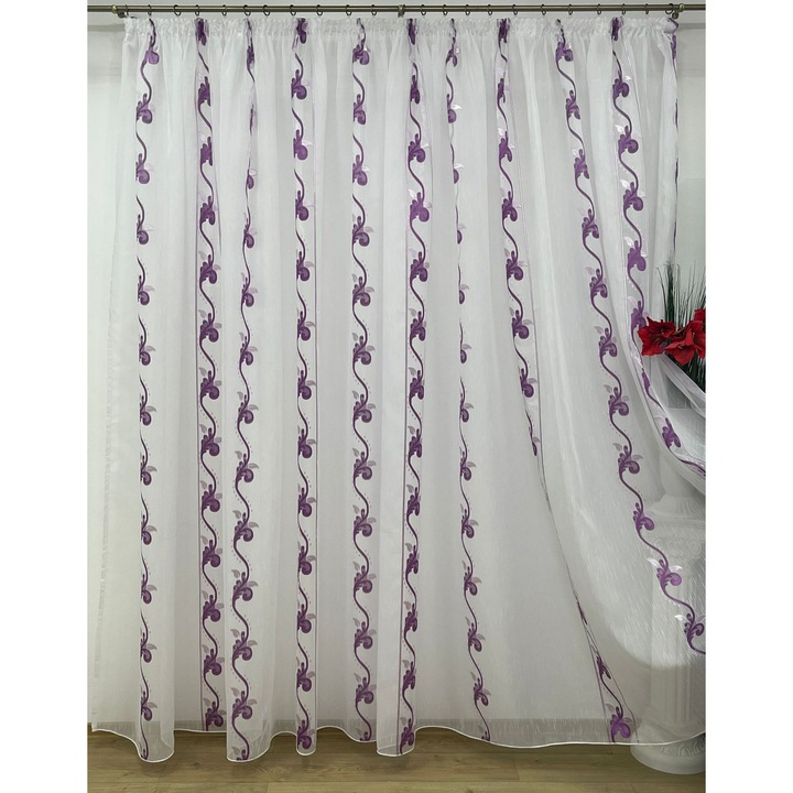 Perdea brodata mecanic, culoare alb/mov, cu rejansa, 250x245cm, din colectia "Gladiola" by Liz Line - PD06425