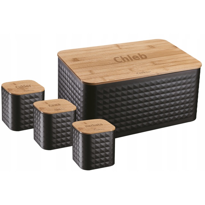 Chlebak emaliat negru cu capac din bambus, set cu 3 recipiente pentru zahar, cafea si ceai, 35x23x18,5cm