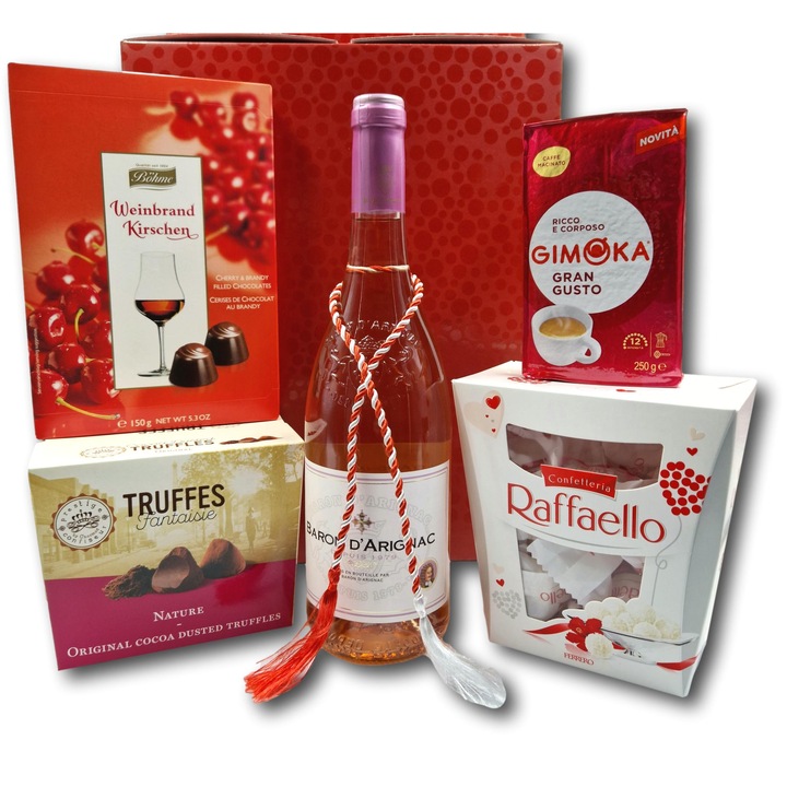 Pachet cadou asortat, CADOURI PREMIUM®, model Spring Colours, cu vin roze frantuzesc, cafea, bomboane Raffaello, praline si trufe de ciocolata
