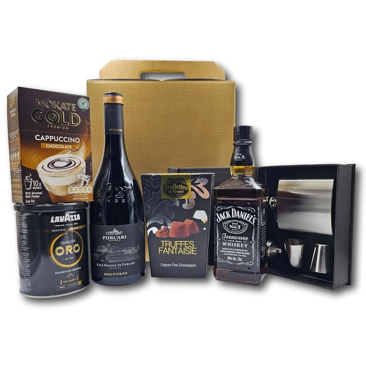 Pachet cadou special CADOURI PREMIUM®, model Strong Feelings, care contine un set accesorii pentru vin, whiskey Jack Daniel's, vin rosu sec de Purcari, cafea Lavazza Oro, cappuccino si specialitati de ciocolata