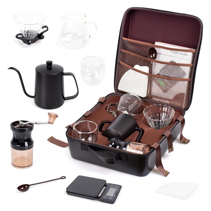 Пълен комплект за приготвяне и сервиране на кафе, TodyJeyHo, 9 части, включително ръчна мелничка и каничка за кафе, преносим, многоцветен