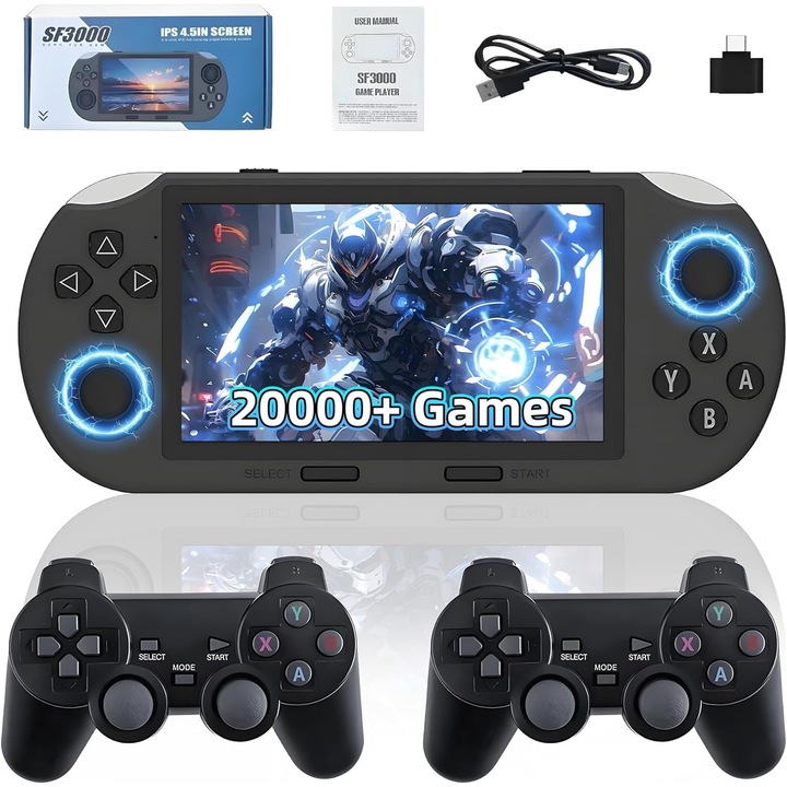 Consola de jocuri retro, Suness, 20.000+ de jocuri clasice, Peste 14 emulatoare, cu 2 controllere wireless, ecran IPS HD de 4,5 inci, 854*480, baterie 3000mAh, design ergonomic, prindere confortabila, sunet realist gri