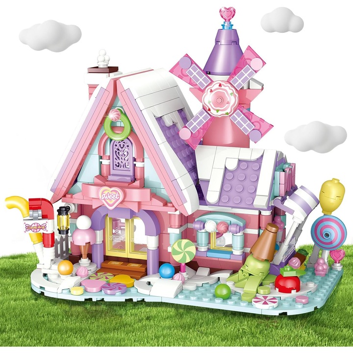 Set blocuri de constructie, Jucarie de constructie Casa De Bomboane, Cadou De Craciun Potrivit Pentru Adulti Si Copii, Roz De Vis
