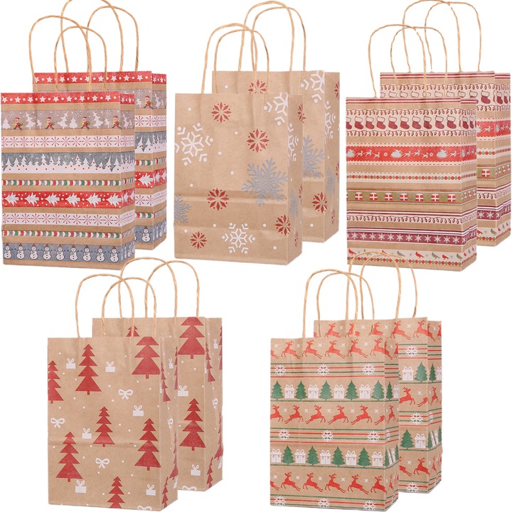 Set 10 Pungi Cadou din Hartie, TopGearWorld®, Hartie kraft, Tema de Craciun, 27 x 21x11 cm, Multicolor