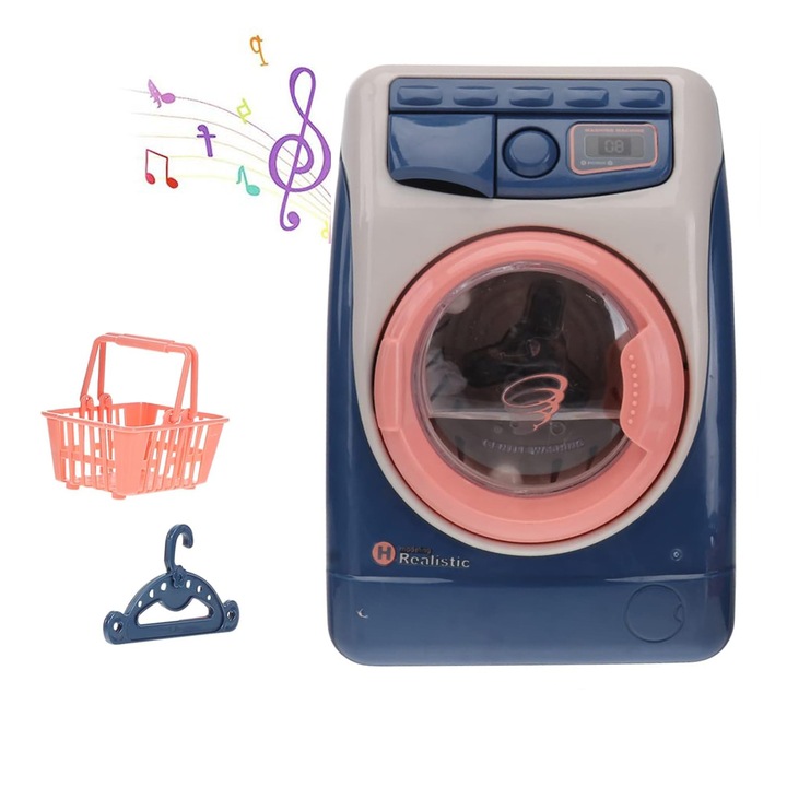 Masina de spalat de jucarie, cu Cos de rufe, umeras, mzoLife®,17 x 14.5x9.5 cm, cu sunet, muzica, rotire cuva, albastra