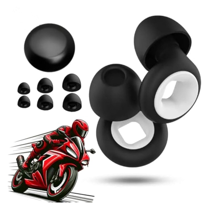 Dopuri de urechi pentru anularea zgomotului, Axroad Mall, Lavabil, Reutilizabile, Ergonomice, Imbunatateste calitatea somnului, Include capace S/M/L, Pentru dormit, munca, calatorie ect, Silicon, 110*75*22mm, Alb/Negru