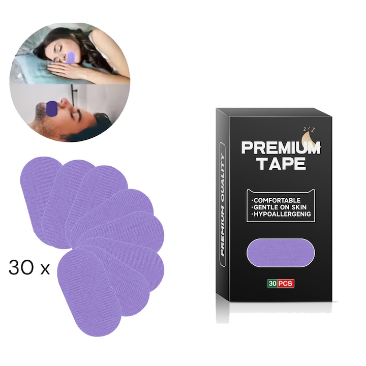 Set 30 benzi tip plasture anti-sforait, Axroad Mall, Material Hipoalergenic& prietenos cu pielea, Rezistent la umezeala si confortabil, Regleaza tulburarile respiratorii, Adeziv super puternic, Unisex, Violet