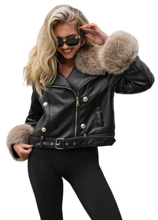 Дамско кожено яке OZONEE JS/61M8512, Черен/Бежов