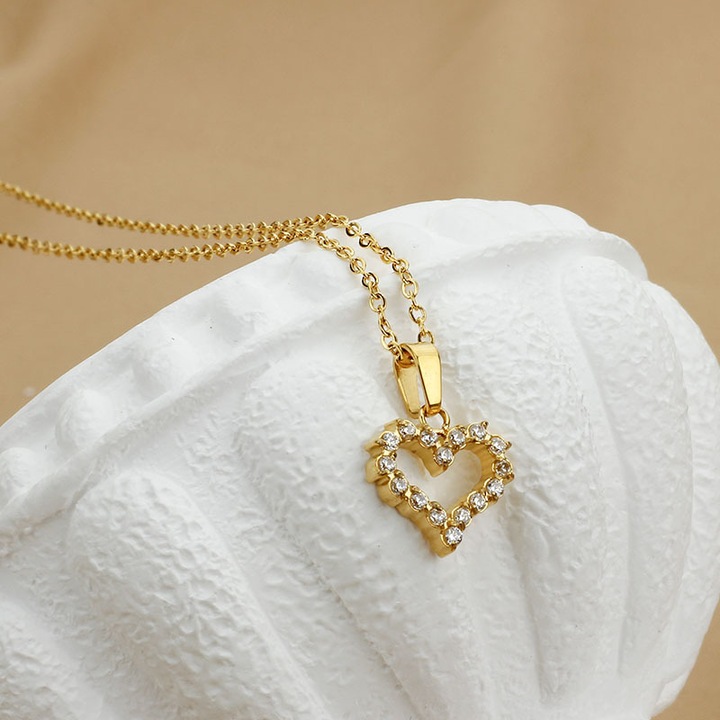 Colier dama, black King, inox, forma inima, Gol, zircon, aur