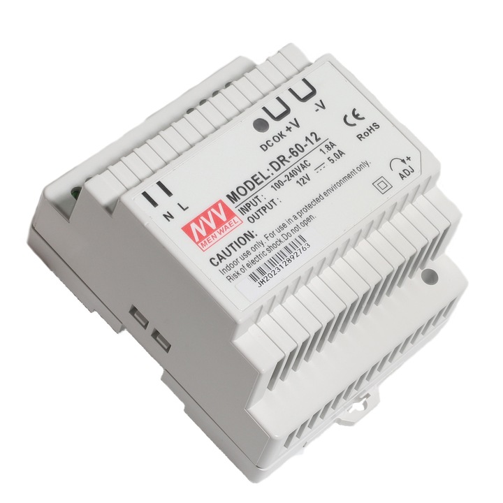 Sursa de alimentare DR-60-12, 60W,12V,5A, TH35 montare pe sina, protectie la suprasarcina